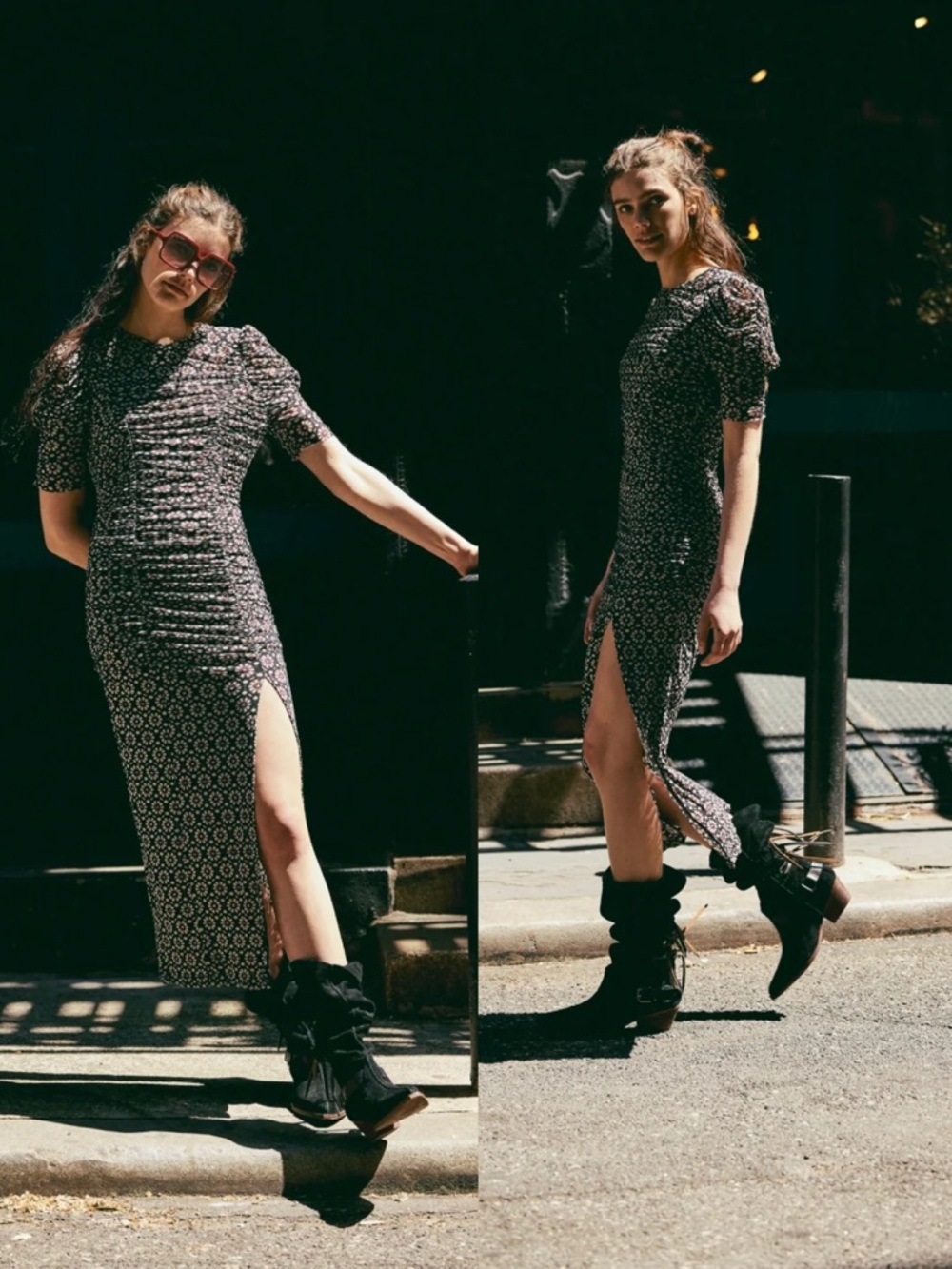 NWT Free People Briella Ruched‎ Black Purple Floral Combo Mesh Boho Midi Dress